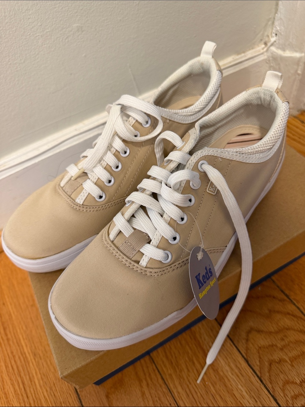 Keds women’s Tan Canvas Lace-Up Sneakers with White Accents